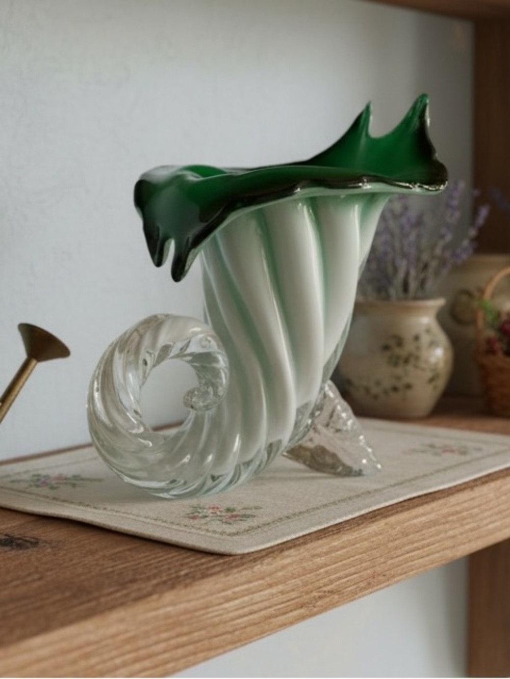 Vintage Murano art glass vase 
distinctive cornucopia
green & white